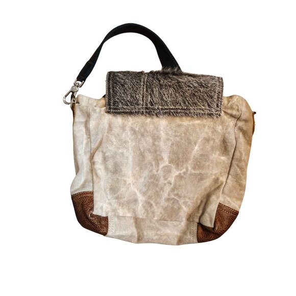 Myra Bag, Cowhide Gray Fur Hair Shoulder Bag Purse Tan Canvas Paisley, Zip Close - Picture 2 of 6